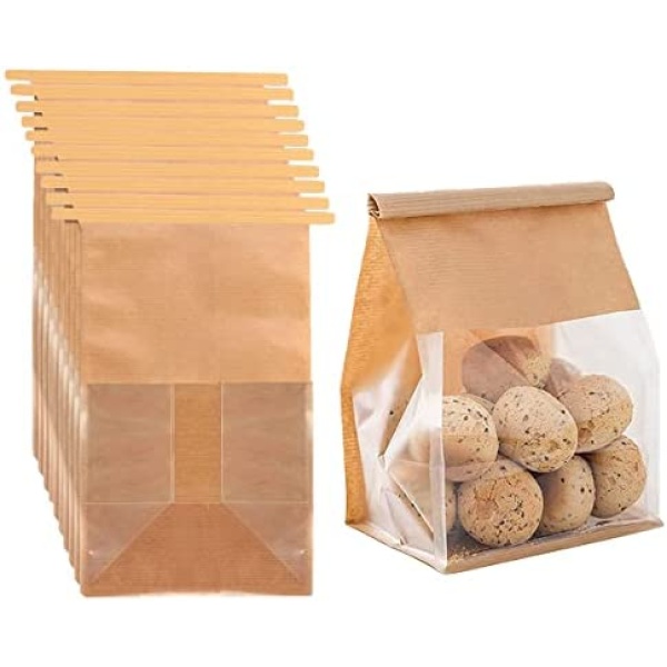 Paper Bread Bags with Window, 10Pcs Kraft Dessert Bread Lunch Bags for Cookies, Candy, Bakery, Sandwich (16 * 26cm/6.3 * 10.2inch)