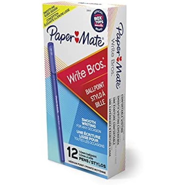 Paper Mate Write Bros. Stick Medium Point Ballpoint Pens, 12 Blue Ink Pens (1744487)