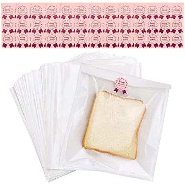 Paper Pastry Treat Bags 100 Pcs Heat-Sealable Bakery Bags with Window 7.5" x 7.8" Greaseproof Paper Bread Bag with 100 Pcs Label Seal Stickers for Homemade Sandwich Bread Cookies Pastries (Small-White)