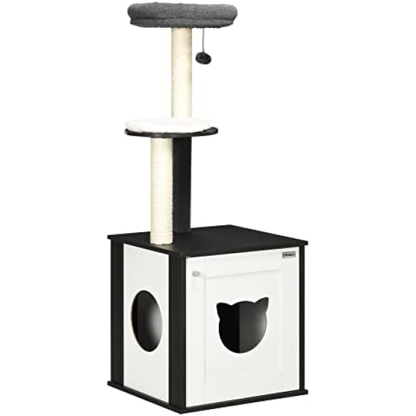 PawHut Cat Tree with Litter Box Enclosure, Kitty Tower with Scratching Posts Cat Bed Perch Ball Toy, for Indoor Cats, Charcoal Grey