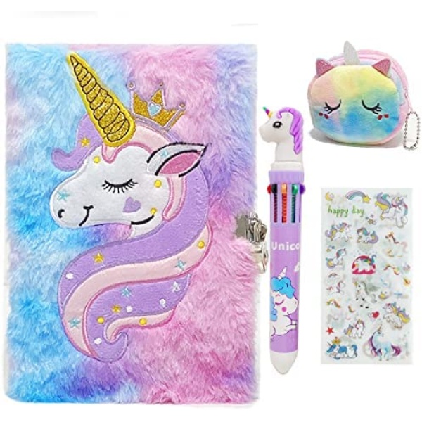 Peifun Unicorn Plush Diary with Lock and Keys, Unicorn Fuzzy Notebook Journal Birthday Gift Set For Girls&Kids Ages 6,8,10,12