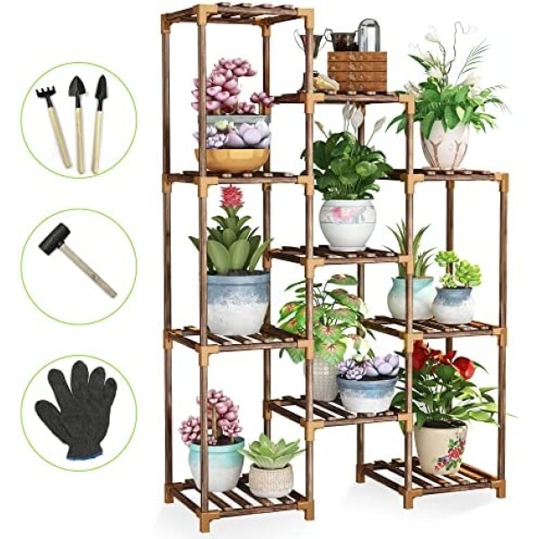 QooWare Wood Plant Stand Indoor Outdoor, 10-Tier Garden Plant Shelves - Gardening Set - Multi Plant Stands Flower Display Rack Holder - Tall Plant Stand Organizer for Corner Living Room Balcony Lawn Patio Yard