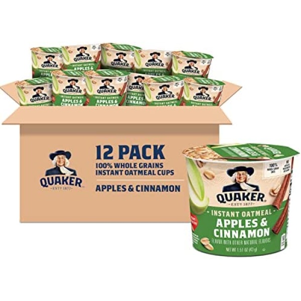 Quaker Instant Oatmeal Express Cups, Apples & Cinnamon, Breakfast Cereal, 12 Cups