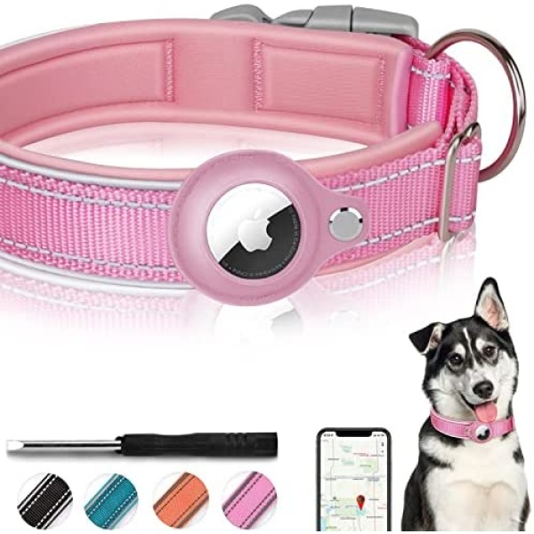 Reflective Airtag Dog Collar, FEEYAR Padded Apple Air Tag Dog Collar, Heavy Duty Dog Collar with Airtag Holder Case, Adjustable Air Tag Accessories Pet Collar for Medium Large Dogs (Pink, M（15"-18"）)