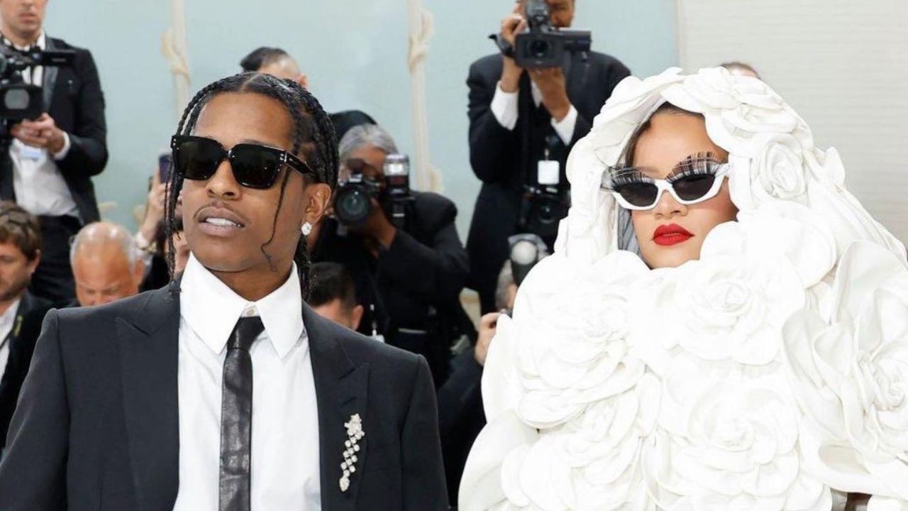 Rihanna Pays Homage to Karl Lagerfeld in a White Floral Valentino Cape Gown with A$AP Rocky in Gucci at the 2023 Met Gala