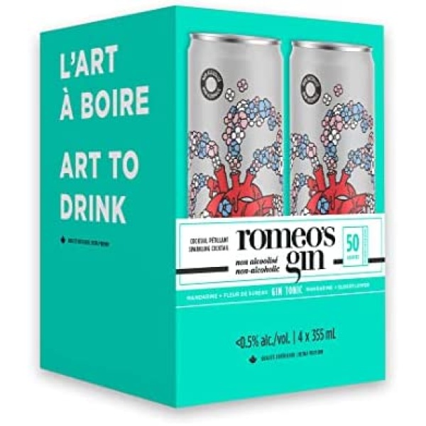 Romeo's Gin & Tonic, Non-Alcoholic, Ready to Drink Cocktail, Low Calorie, 355ml x 4 Cans