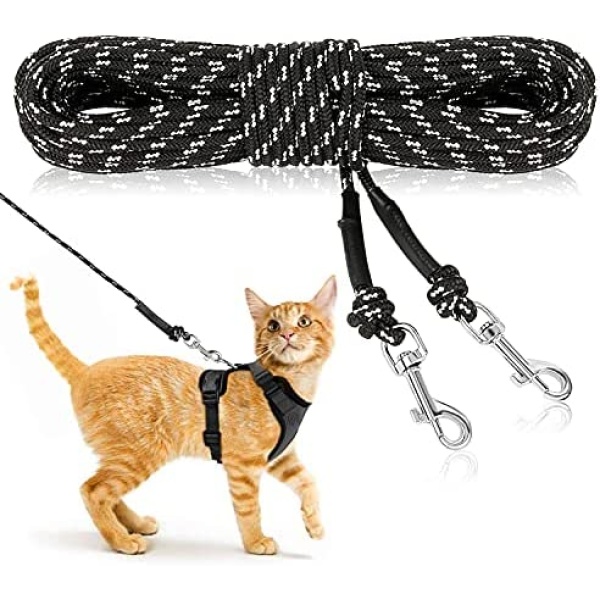 Rypet Reflective Cat Long Leash - 15 FT Escape Proof Walking Leads Yard Long Leash Durable Safe Personalized Extender Leash Traning Play Outdoor for Kitten, Puppy, Rabbit and Small Animals