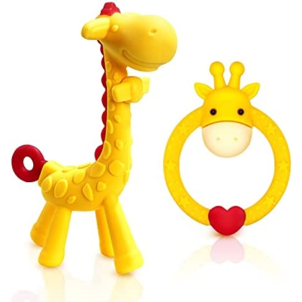 SHARE&CARE BPA Free Silicone Giraffe and Giraffe Ring Baby Teething Toy with Storage Case, for 3 Months Above Infant Sore Gums Pain Relief, Set of 2 Different Teethers (Yellow)