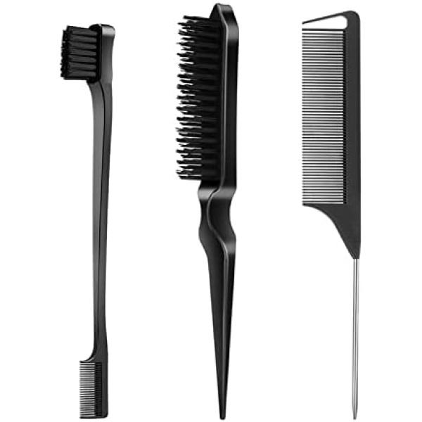 SWEET VIEW 3 Pcs Slick Back Hair Brush Set with 1 Pcs Edge Brush 1 Pcs Bristle Hair Brush 1 Pcs Rat Tail Comb, Teasing Brush Set for Smoothing Baby Hair & Flyaways - Black