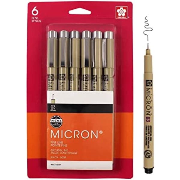 Sakura Pigma Micron Fineliner Pens - Archival Black Ink Pens - Pens for Writing, Drawing, or Journaling - Black Ink - 03 Point Size - 6 Pack