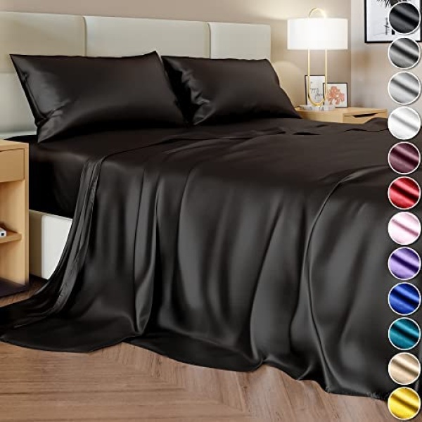 Satin Sheets Full Size Bed (4 Pieces, 8 Colors), Silky Satin Sheet Set -Satin Bed Set with 2 Pillowcase, Satin Fitted Sheet - Black Satin Sheets, Satin Bed Sheets Full, Satin Bedding Set