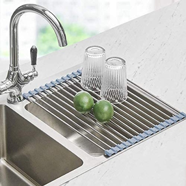 Seropy Foldable Sink Rack Mat Stainless Steel Wire Dish Drying Rack for Kitchen Sink Counter Cups Vegetables Fruits, Over the Sink Dish Drying Rack Kitchen Rolling Dish Drainer(43x30)