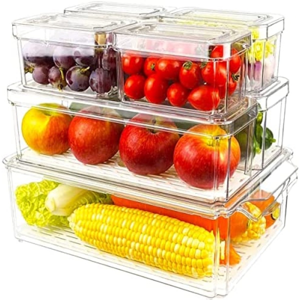 Set Of 7 Refrigerator Organizer Bins with Lids,Stackable Fridge Organization and Storage Clear Containers,BPA-Free Produce Saver Containers,Pantry Storage Bins for Fruits,Vegetable(with Drain Tray)