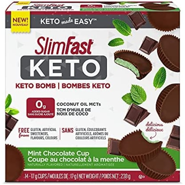 Slim-Fast Keto Bomb Snacks, 14x17g Mint Chocolate Cups Per Box, 238 Grams, Mint Chocolate Cup, 238 Grams