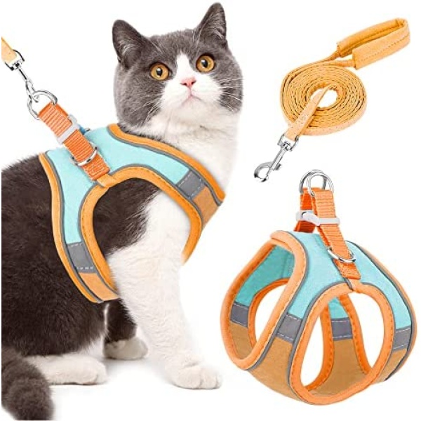 SlowTon Cat Harness and Leash for Walking Escape Proof, Easy Control Adjustable Breathable Vest Harness, Color Splicing Night Safe Harness with Reflective Strap for Small Medium Kitten(Green&Orange,M)