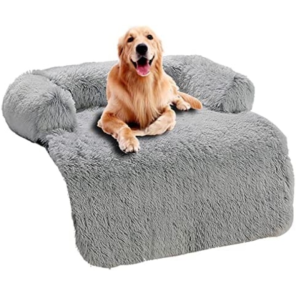 Soft Plush Dog Mat Sofa - OKSTENCK Calming Dog Bed Ultra Soft Fur Pet Beds Soft Washable Pad Blanket Cushion Furniture Cover Protector Pet Bed for Dogs and Cats,Small, Light Grey