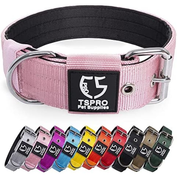 TSPRO Tactical Dog Collar 1.5 inch Wide Dog Collar Military Grade Strong Dog Collar Thick Dog Collar Heavy Duty Metal Buckle Dog Collar(Pink-M)