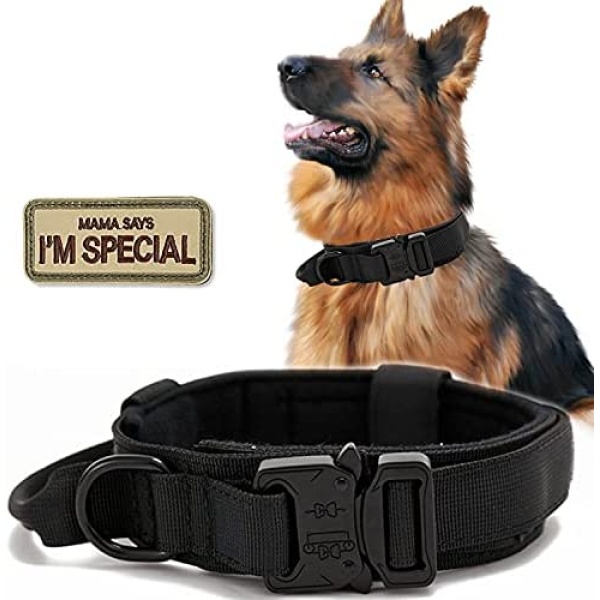 Tactical Dog Collar, Military Nylon Dog Collar Thick with Handle Dog Collars Adjustable Heavy Duty Metal Buckle for Dog Training (Black, L)