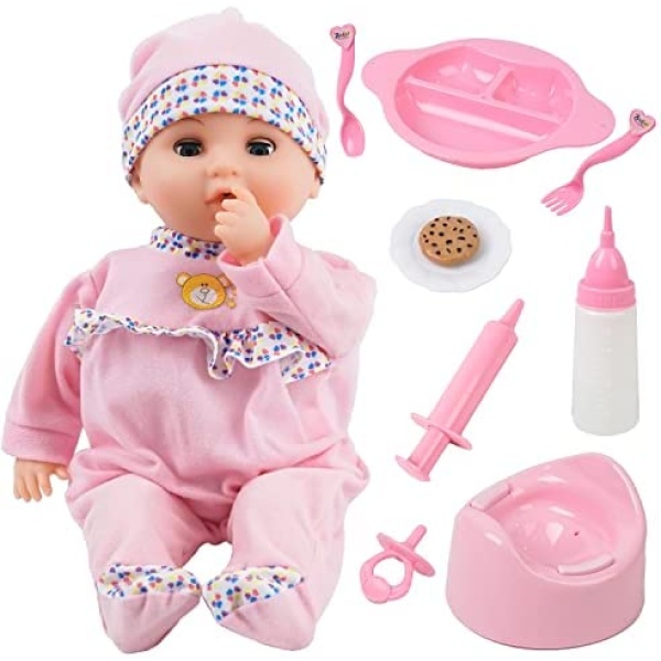 Toy Choi's Baby Doll - 40cm Soft Body Baby Dolls for 2+ Year Old Girls with Bottle Pacifier and Feeding Accessories, Crying Baby Doll Preschool Toy Gifts for Toddler and Kids