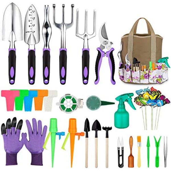 Tudoccy Garden Tools Set 83 Piece, Succulent Tools Set Included, Heavy Duty Aluminum Gardening Tools for Gardening, Non-Slip Ergonomic Handle Tools, Durable Storage Tote Bag, Gifts Tools for Men Women