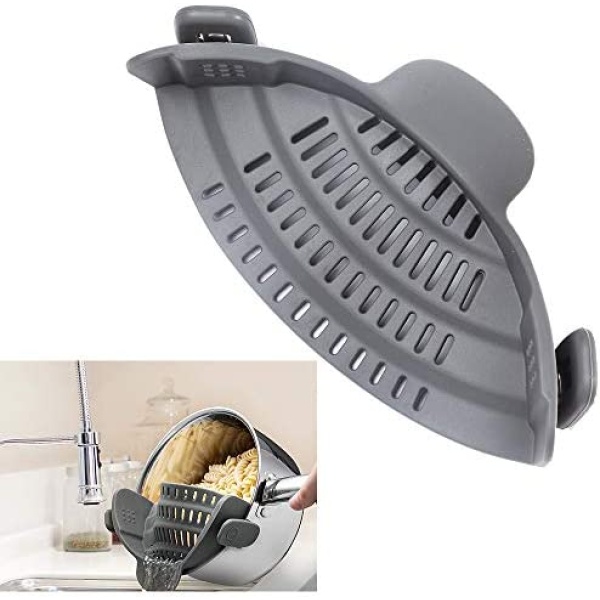 V-Fyee Clip-on Food Strainer Colander, Snap on Pots Pans and Bowls Strainer Draining Ground Beef Grease, Pasta, Fruit (Gray)