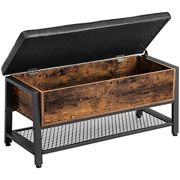 VASAGLE Industrial Storage Bench, Bed End Stool with Padded Seat and Metal Shelf, Sturdy Steel Frame, 39.4”L x 15.7”W x 18.5”H (100 x 40 x 47 cm), Rustic Brown + Black