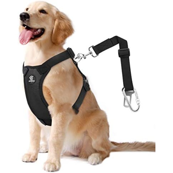 VavoPaw Dog Vehicle Safety Vest Harness, Adjustable Soft Padded Mesh Car Seat Belt Leash Harness with Travel Strap and Carabiner for Most Cars, Size Large, Black