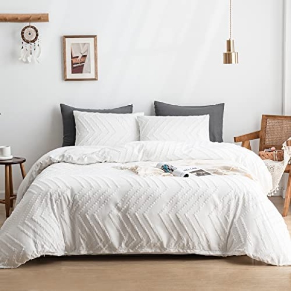 WARMDERN Boho Duvet Cover Set, Tufted Bedding Duvet Covers Soft Washed Microfiber Duvet Cover Twin Size, 2 Pieces Embroidery Shabby Chic Duvet Cover with Zipper Closure(White, Twin)