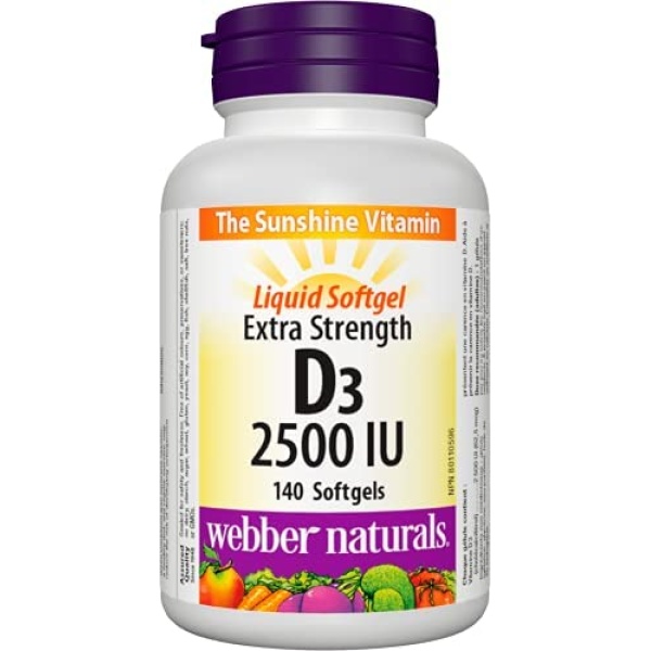 Webber Naturals Vitamin D3 2,500 IU Extra Strength, 140 Softgels, For Healthy Bones, Teeth, and Helps Prevent Vitamin D Deficiency