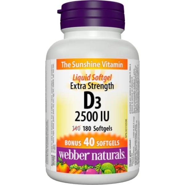 Webber Naturals Vitamin D3 2,500 IU Extra Strength, 180 Softgels, For Healthy Bones, Teeth, and Helps Prevent Vitamin D Deficiency