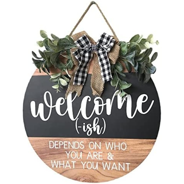 Welcome Sign Front for Door Decoration, 12 in Round Wood Wreaths Wall Hanging Outdoor, Farmhouse, Porch, for Spring Summer Fall All Seasons Holiday Christmas (Wreaths-A)…