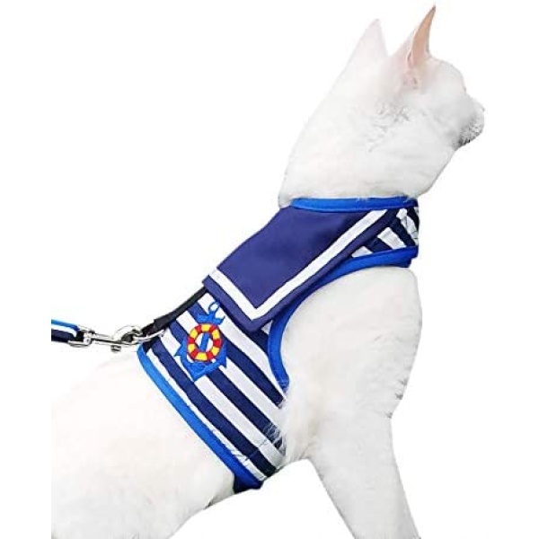 Yizhi Miaow Cat Harness and Leash for Walking Escape Proof, Adjustable Cat Vest Harness, Padded Stylish Cat Walking Jackets, Sailor Suit Navy, Large
