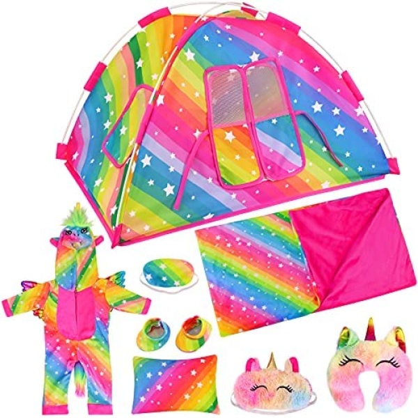 ZITA ELEMENT 8 PCS American 18 Inch Girl Dolls Camping Set and Accessories Tent, Sleeping Bag Eye Mask&Etc for Doll Rainbow