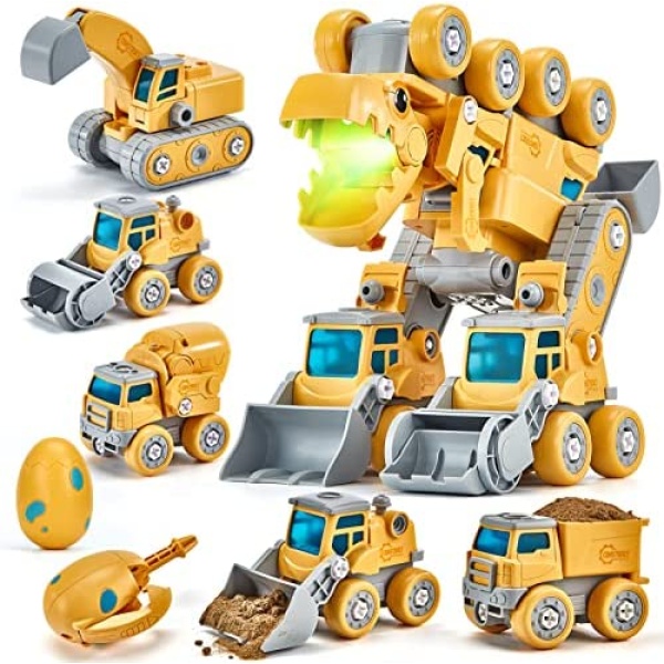 hahaland 5 in 1 Take Apart T-Rex Dinosaur Robot Toys - Kids Construction Trucks Toys for 5 6 Year Old Boys Girls, STEM Toys for Kids Age 5+ (84 Pcs)