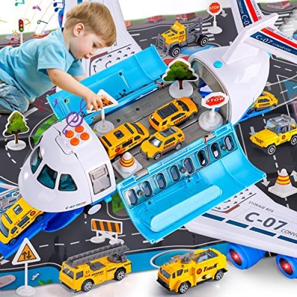 iHaHa Spray Airplane Toys for Boys, Large Transport Cargo Airplane with 6 Construction Vehicle 10 Road Signs 1 Play Mat, Plane Toy with Lights Sounds, for Boys Age 3 4 5 6