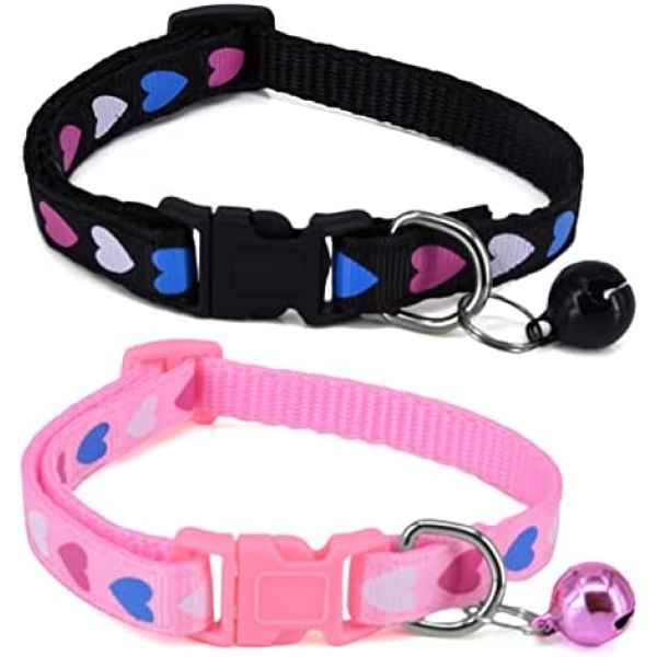 2 Pack Cat Collar with Bell, Adjustable Pet Collar Unbreakaway Kitten Collar with Heart Pattern Small Puppy Collars Quick Release Dog Collar Safety Collar for Puppies Dogs Cats (Pink, Black)