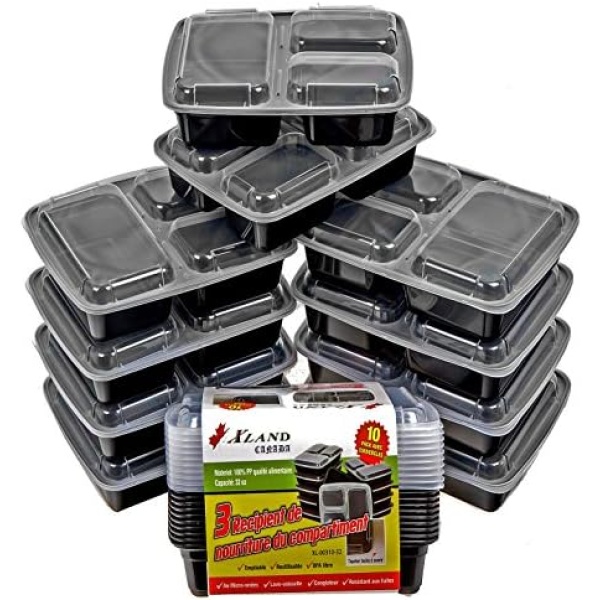 3 Compartment Bento Box Meal Prep Container Food Storage Tray with Lids. 32 oz Plastic Bento Boxes Black 100% Food Grade PP (10)