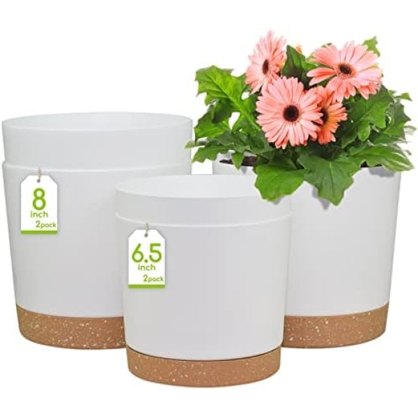 6.5 and 8 Inch Plant Pot, 4 Pcs Self Watering Plastic Planter with Saucers Trays and Drainage Hole, Modern Decorative Flower Pot Plant Container for Indoor Outdoor Home Garden Plant, White