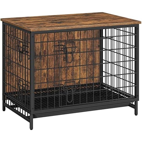 ALLOSWELL Wooden Dog Crate Furniture, 31.5 inches Indoor Pet Crate End Table, Dog Furniture with Removable Tray, Decorative Dog Kennel for Small/Medium/Large Dogs, Rustic Brown DCHR0201