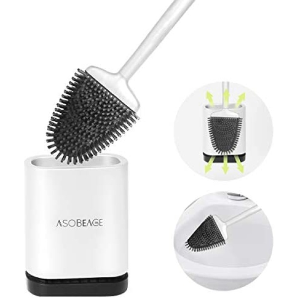 ASOBEAGE Toilet Brush,Deep Cleaner Silicone Toilet Brushes with No-Slip Long Plastic Handle and Flexible Bristles,Silicone Toilet Brush with Quick Drying Holder Set（White）