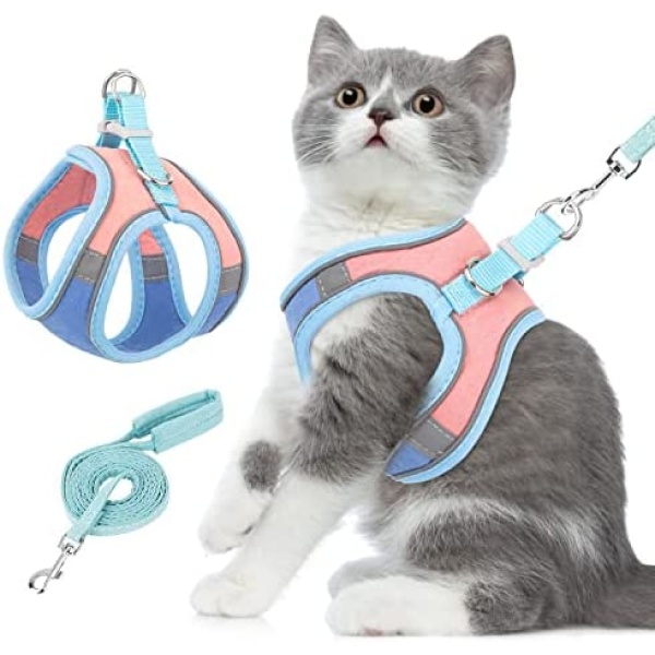 AUTOWT Cat Harness Leash Set, Stylish Adjustable Breathable Escape Proof Cat Vest Harness, Color Splicing Cute Night Safe Pet Harness with Reflective Strap for Kitten, Puppy (Small, Blue)