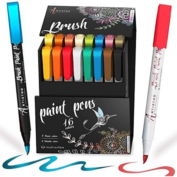 Acrylic Paint Pens Brush Tip, 8 Metallic & 8 Basic Colors Acrylic Paint Markers. Set for Rock Painting, Calligraphy, Scrapbooking, Brush Lettering, Card Making, Sketching, Black Paper, DIY Photo Album