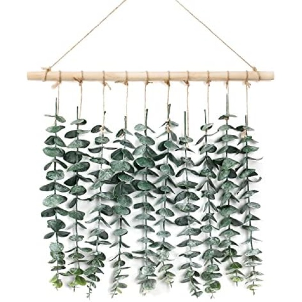 Alynsehom Artificial Eucalyptus Wall Hanging Decor Greenery Boho Chic Home Decorations Farmhouse Rustic Plants with Wooden Stick for Bedroom Living Room Apartment Ornament Gift (Green-1)