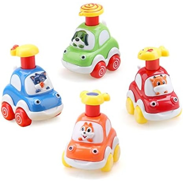 Amy & Benton Toddler Toy Car Set,Assorted 4PCS Cute Cartoon Pressure Vehicle Toy Set Gifts for 2 Years Old Boys