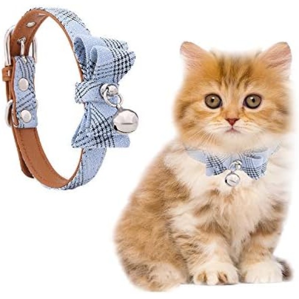 Andiker Cat Leather Collar with Bowtie, Adjustable Soft & Comfy Dog Bow Tie for Puppies, PU Leather Cat Collar with Bell, Generous,Fashion,4 Colors (Blue)