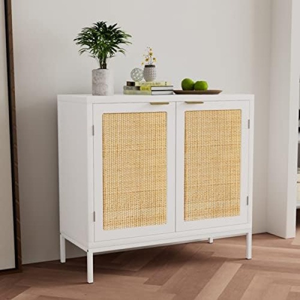 Anmytek Accent Cabinet, Buffet Storage Cabinet Cupboard, Bar Cabinet 2 Doors Kitchen Sideboard Furniture with Natural Rattan, White, H0012