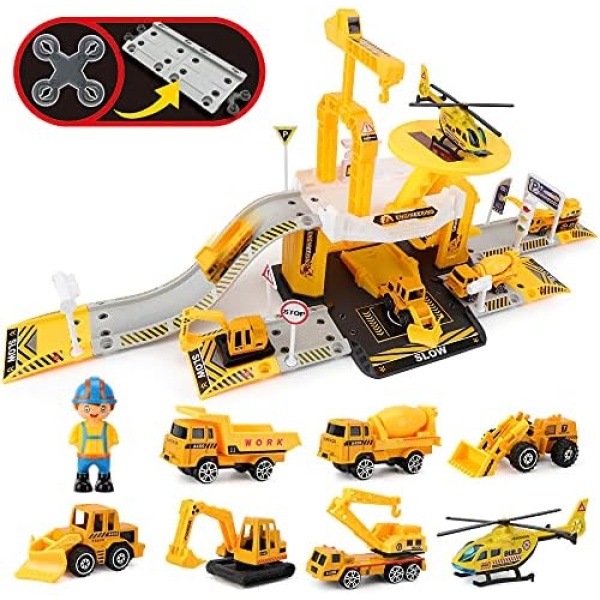 Aomola Construction Toys for Kids, Engineering Construction Vehicle Truck Toys Set, Car Race Track Parking Lot, Crane, Excavator Car Garage Toys Gifts for Boys Toddlers 3 4 5 Years Old