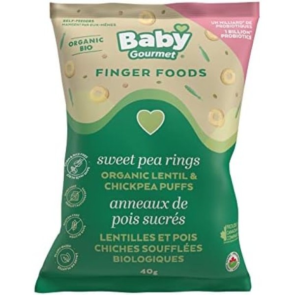 Baby Gourmet Organic Chickpea & Lentil Puffed Snack - Sweet Pea Rings - No Artificial Flavours, Gluten-Free, Dairy-Free, Corn & Rice Free, BPA-Free Packaging - 40g, 4 Pack