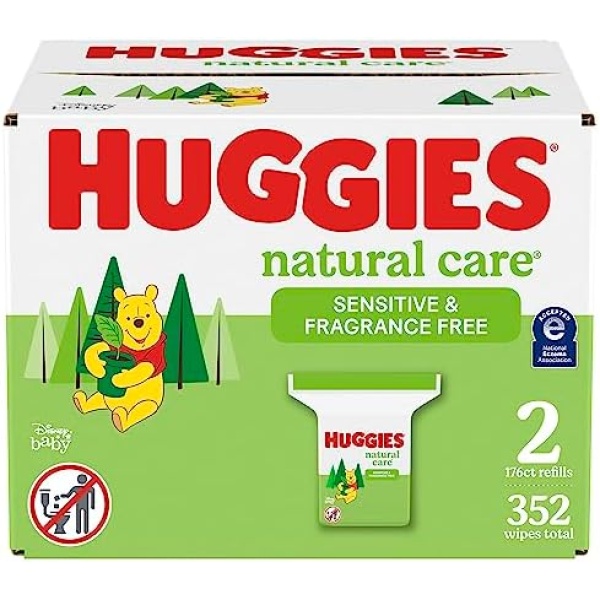 Baby Wipes, Huggies Natural Care Sensitive, UNSCENTED, Hypoallergenic, 2 Refill Packs, 352 Count