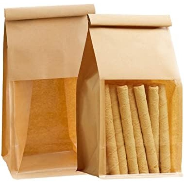 Bakbania Bakery Bgas with Window 50 Pieces Paper Bread Bags Brown Bread Loaf Bags 11x5.1x3.7 Inches Tin Tie Tab Lock Bags Cookie Packaging Bags Toast Bags for Storing Foods